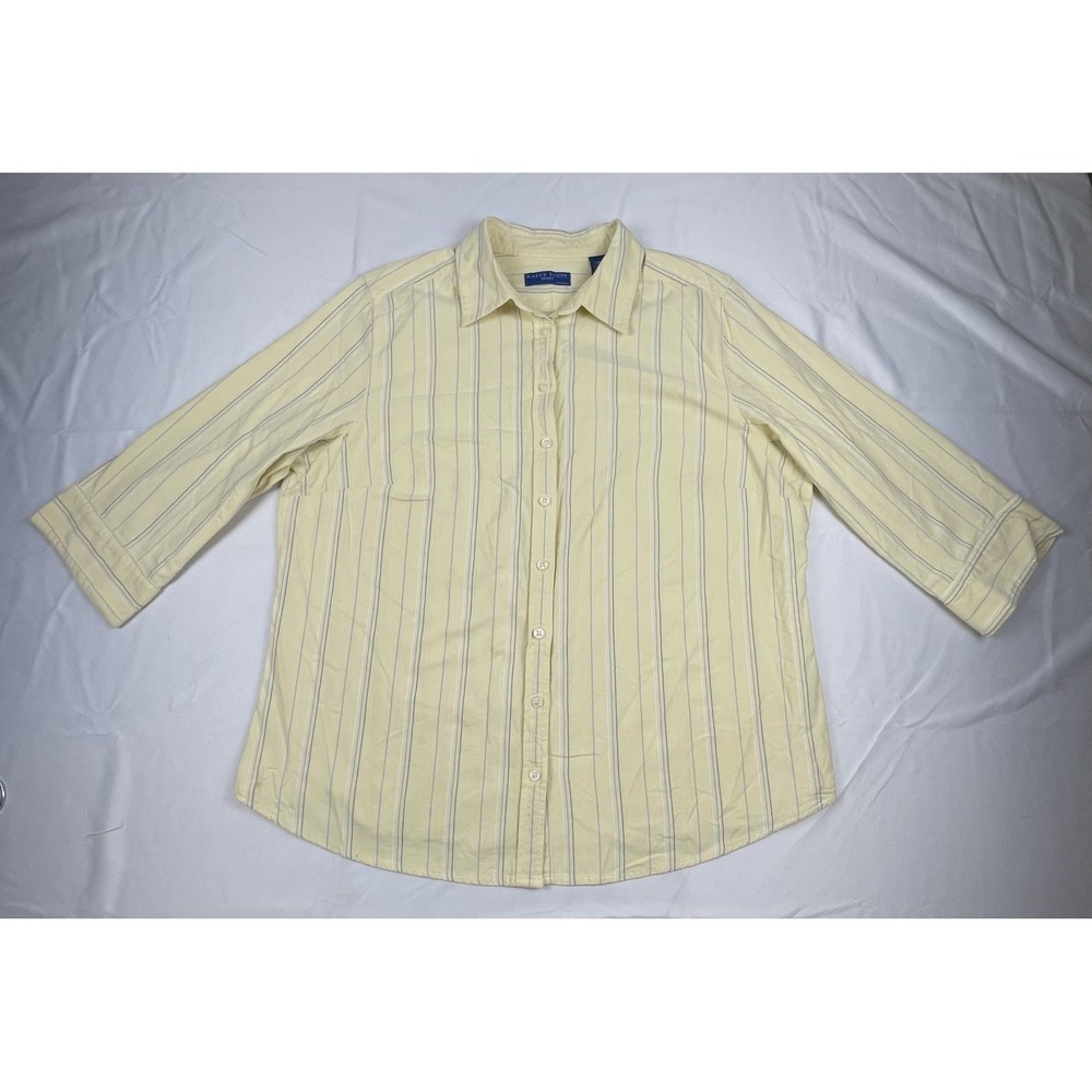 KAREN SCOTT SPORT WOMEN 1X YELLOW STRIPED BUTTON FRONT SHIRT3/4 SLEEVE‎ COTTON